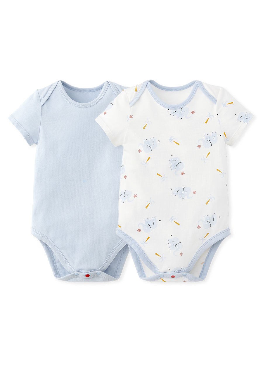 Blue Elephant Baby Cotton Short Sleeve Bodysuit 2 Pcs Pack