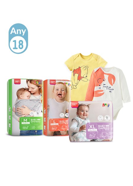 Diaper x 18 pck Get RM150 OFF + FREE Baby Clothes x 2 pck