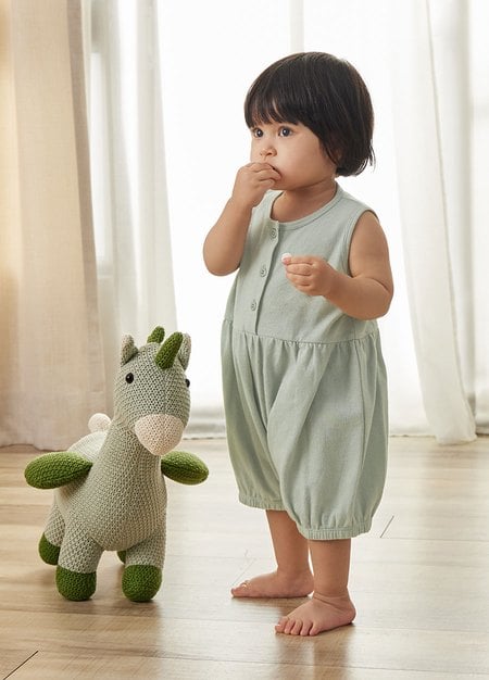 Button Front Baby Sleeveless Romper-Sage Green2