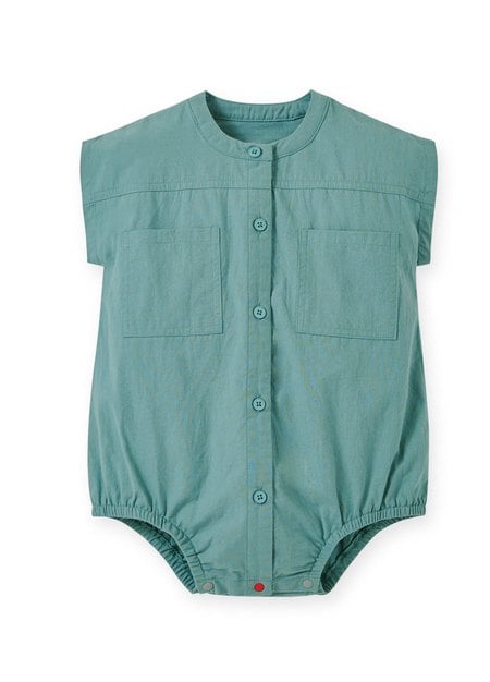 Button Down Baby Short Sleeve Romper-Teal1