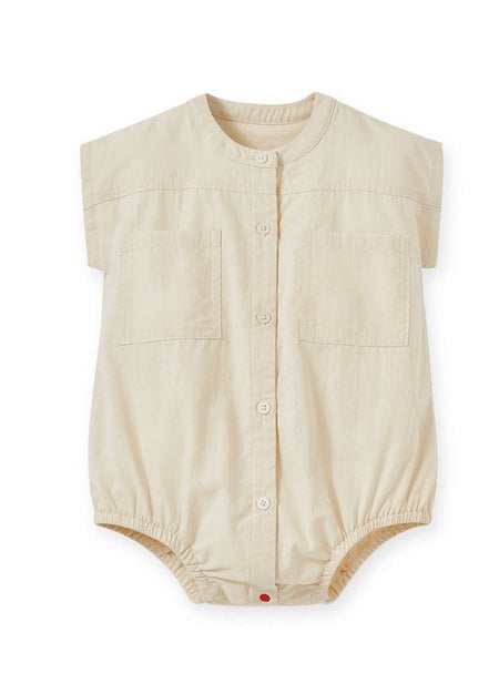 Button Down Baby Short Sleeve Romper-Cream1