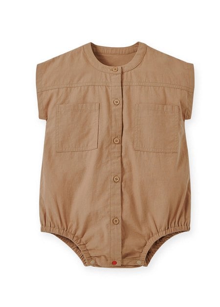 Button Down Baby Short Sleeve Romper-Camel1