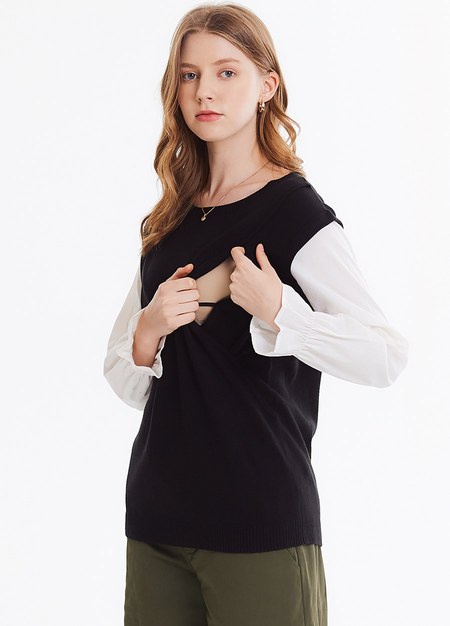 Double Layer Knitted Maternity & Nursing Top-Black2