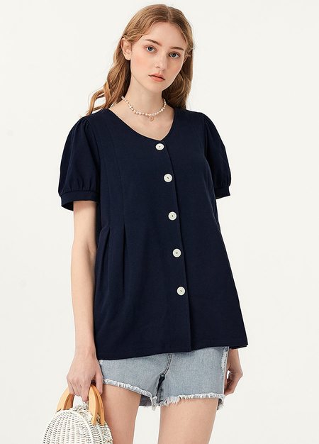 Puff Sleeves Button Down Maternity & Nursing Top-Navy1