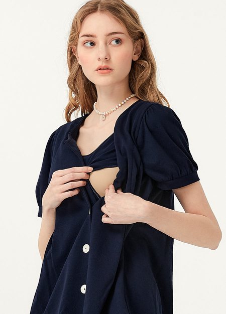 Puff Sleeves Button Down Maternity & Nursing Top-Navy2
