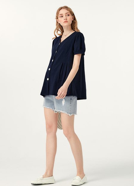 Puff Sleeves Button Down Maternity & Nursing Top-Navy3