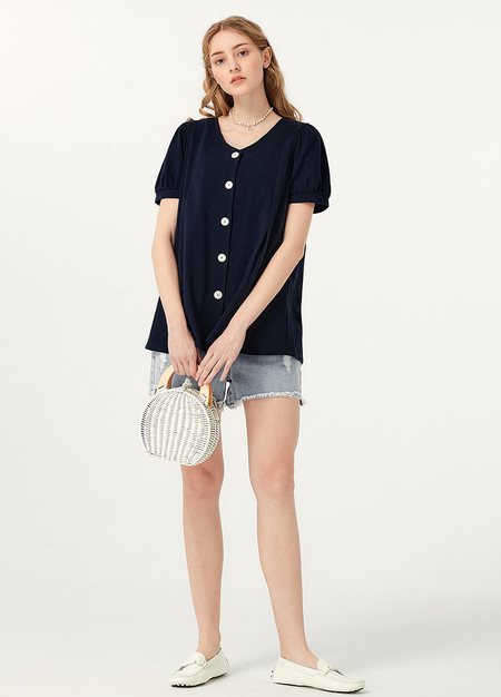 Puff Sleeves Button Down Maternity & Nursing Top-Navy4