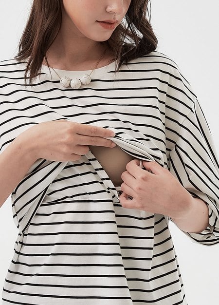 Striped Puff Sleeve Maternity & Nursing Top-White2