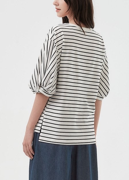 Striped Puff Sleeve Maternity & Nursing Top