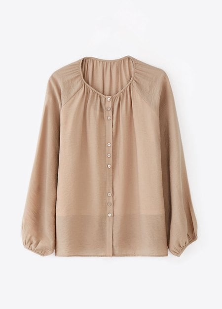 Pleated Round Neck Long Sleeve Maternity & Nursing Blouse