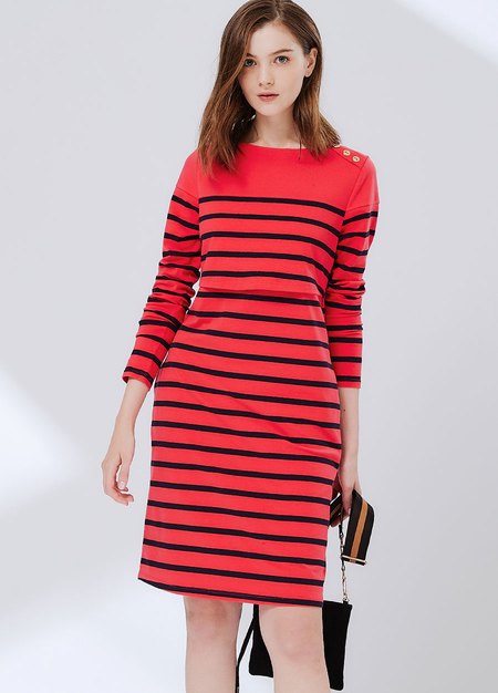 Striped Maternity & Nursing Dress-Red1