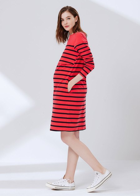 Striped Maternity & Nursing Dress-Red2