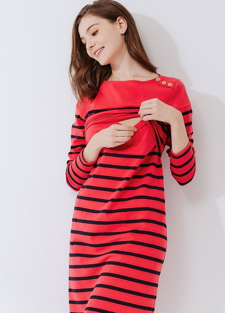 Striped Maternity & Nursing Dress-Red3
