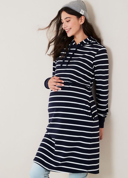Striped Maternity & Nursing Hoodie Dress-Navy1