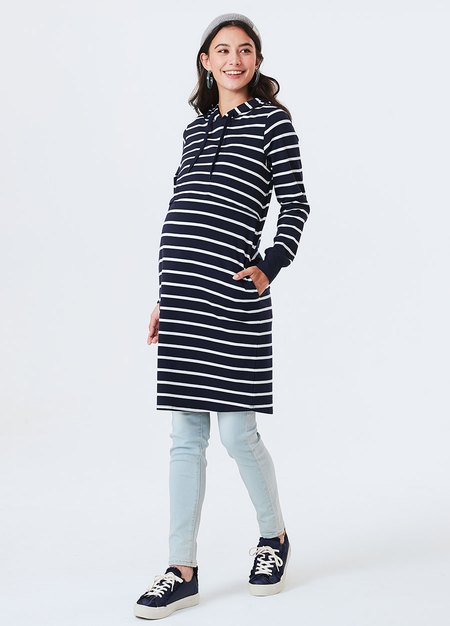 Striped Maternity & Nursing Hoodie Dress-Navy3