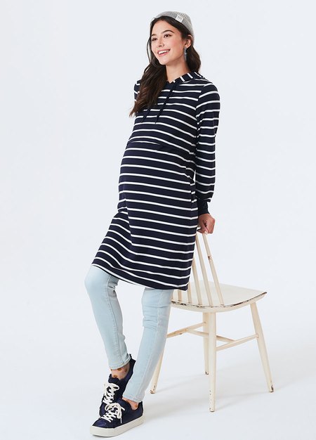 Striped Maternity & Nursing Hoodie Dress-Navy4