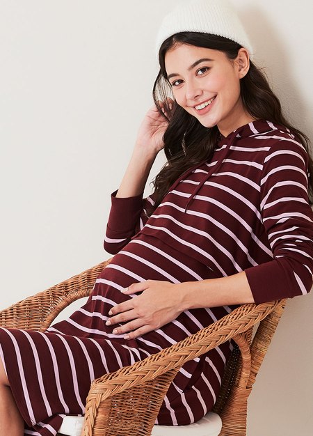 Striped Maternity & Nursing Hoodie Dress-Wine1