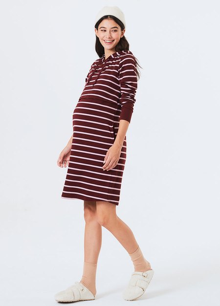 Striped Maternity & Nursing Hoodie Dress-Wine3