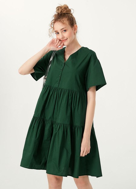 Flared Hem Cotton Maternity & Nursing Dress-Green1