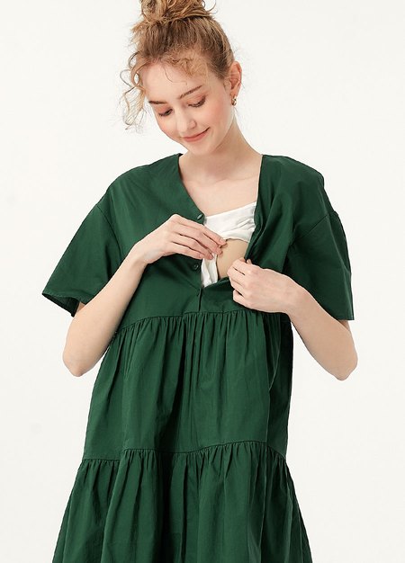 Flared Hem Cotton Maternity & Nursing Dress-Green2