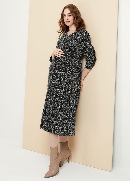 Floral Print V-Neck Maternity & Nursing Dress-Black4