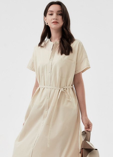 Cotton Maternity & Nursing Shirt Dress-Cream1