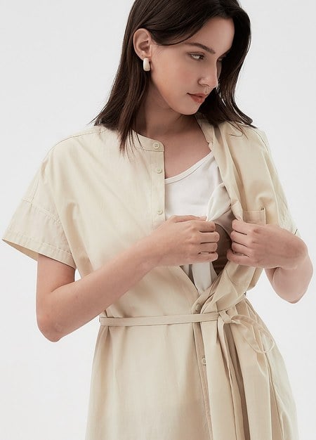 Cotton Maternity & Nursing Shirt Dress-Cream2