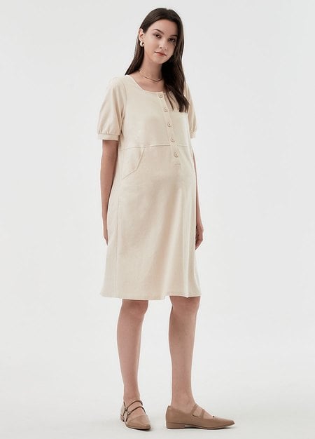 Buttoned Square Neck Maternity & Nursing Short Sleeve Dress-Cream1