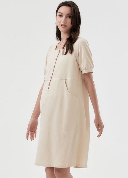 Buttoned Square Neck Maternity & Nursing Short Sleeve Dress-Cream3