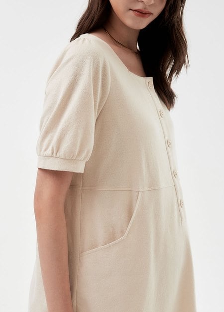 Buttoned Square Neck Maternity & Nursing Short Sleeve Dress-Cream4