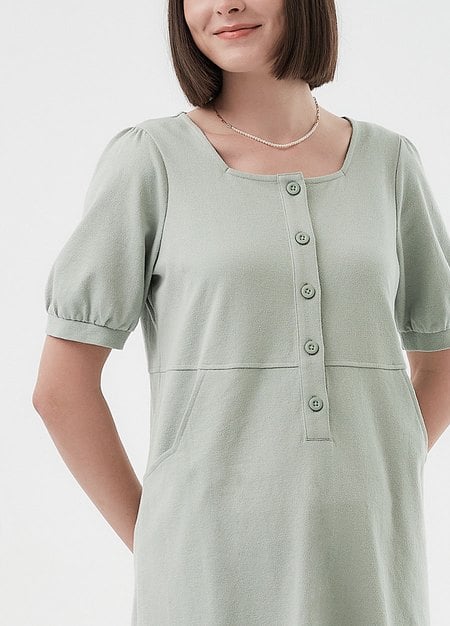 Buttoned Square Neck Maternity & Nursing Short Sleeve Dress-Sage Green1