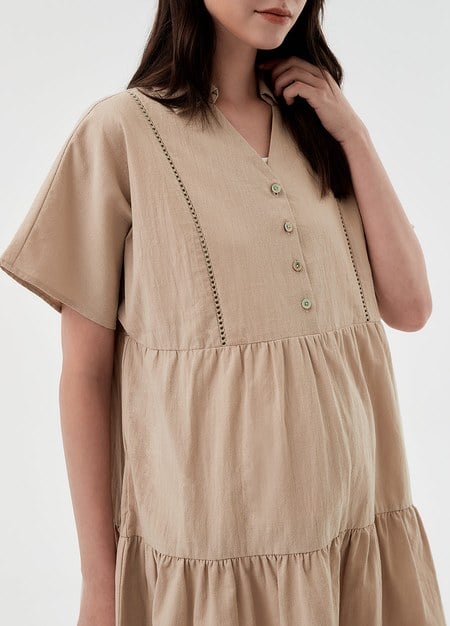 Cotton Maternity & Nursing Short Sleeve Tiered Dress-Khaki3