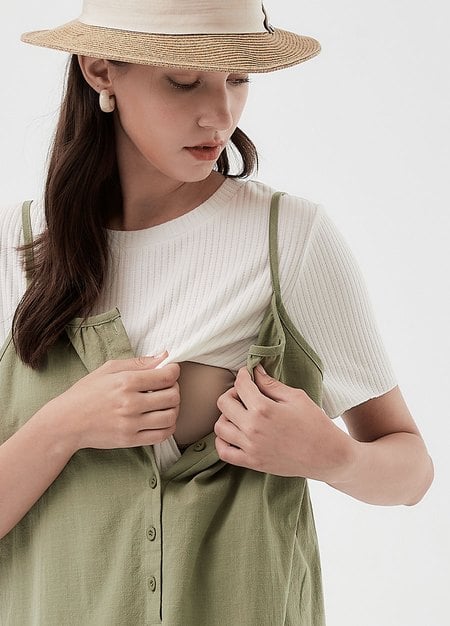 Buttoned Short Sleeve Maternity & Nursing Dress-Olive2