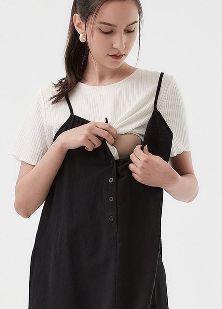 Buttoned Short Sleeve Maternity & Nursing Dress-Black2