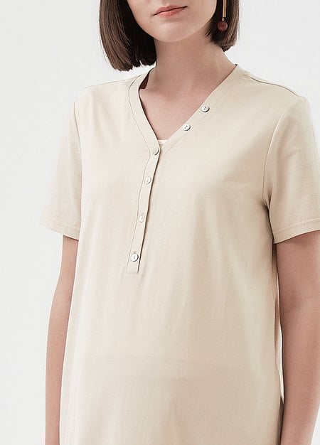 V-neck Short Sleeve Maternity & Nursing Dress-Cream3