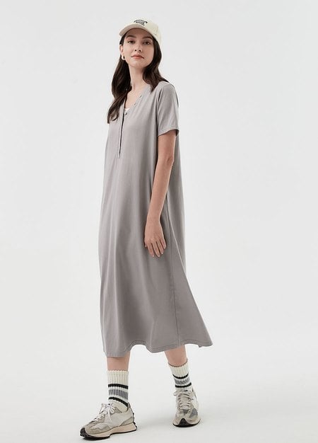 V-neck Short Sleeve Maternity & Nursing Dress-Silver1