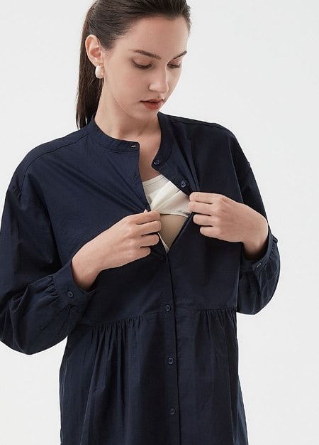 Cotton Long Sleeve Maternity & Nursing Shirt Dress-Navy2