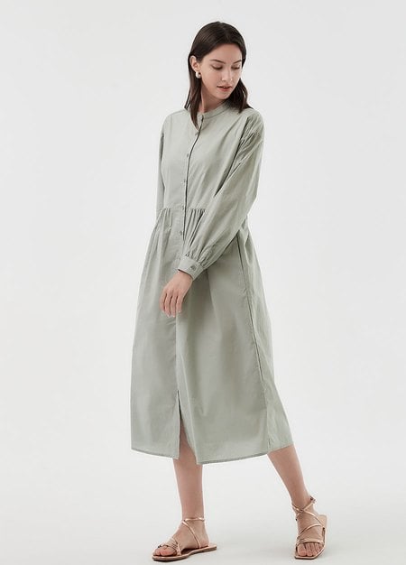 Cotton Long Sleeve Maternity & Nursing Shirt Dress-Sage Green1