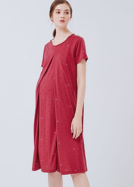 Mickey Dotty Maternity & Nursing Pyjama Dress-Brick1