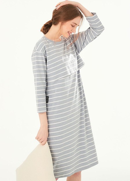 Striped Maternity & Nursing Pyjama Dress-Blue Grey1