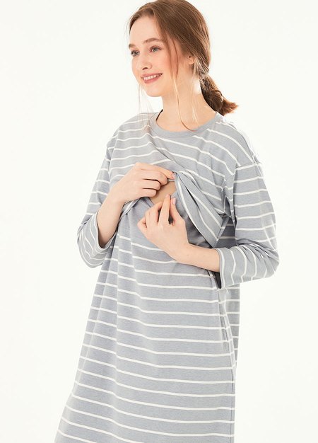 Striped Maternity & Nursing Pyjama Dress-Blue Grey2