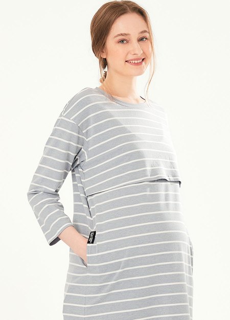 Striped Maternity & Nursing Pyjama Dress-Blue Grey4