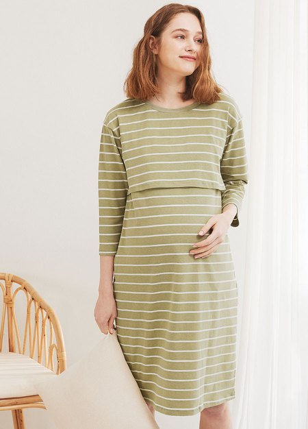 Striped Maternity & Nursing Pyjama Dress-Olive1