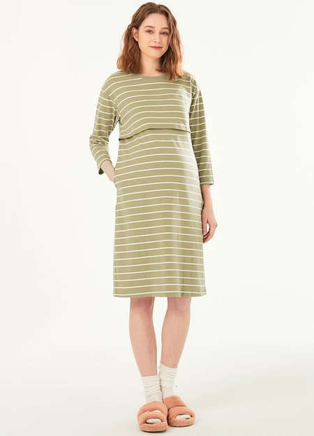 Striped Maternity & Nursing Pyjama Dress-Olive3