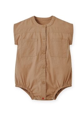 Button Down Baby Short Sleeve Romper - Camel