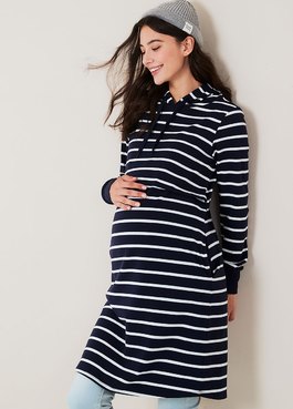 Striped Maternity & Nursing Hoodie Dress - Navy