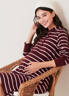 Striped Maternity & Nursing Hoodie Dress - Wine