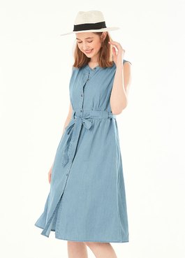 Button-through S/L Maternity & Nursing Dress - Blue