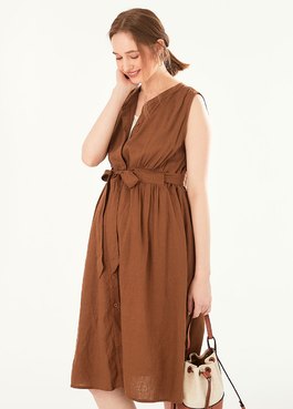 Button-through S/L Maternity & Nursing Dress - Brown