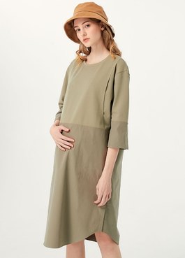 Round Neck Patchwork M&N Dress - Sage Green